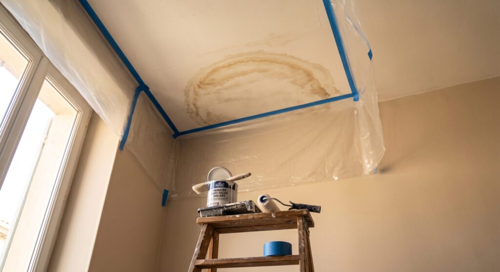 Auréole brune au plafond près d’une fenêtre, avec protections et escabeau
