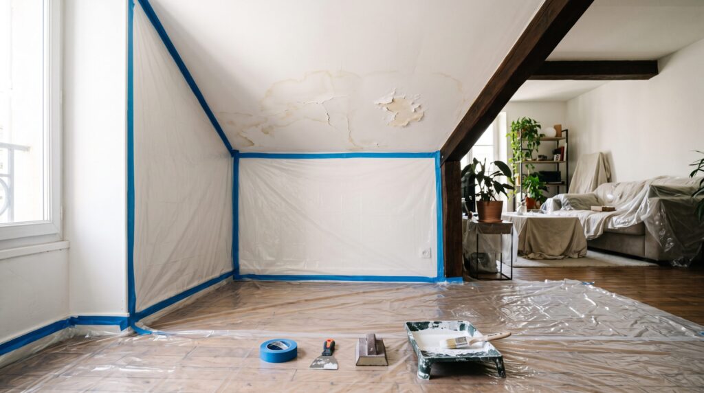 Plafond incliné à peinture écaillée, avec murs et sol protégés et outils de peinture