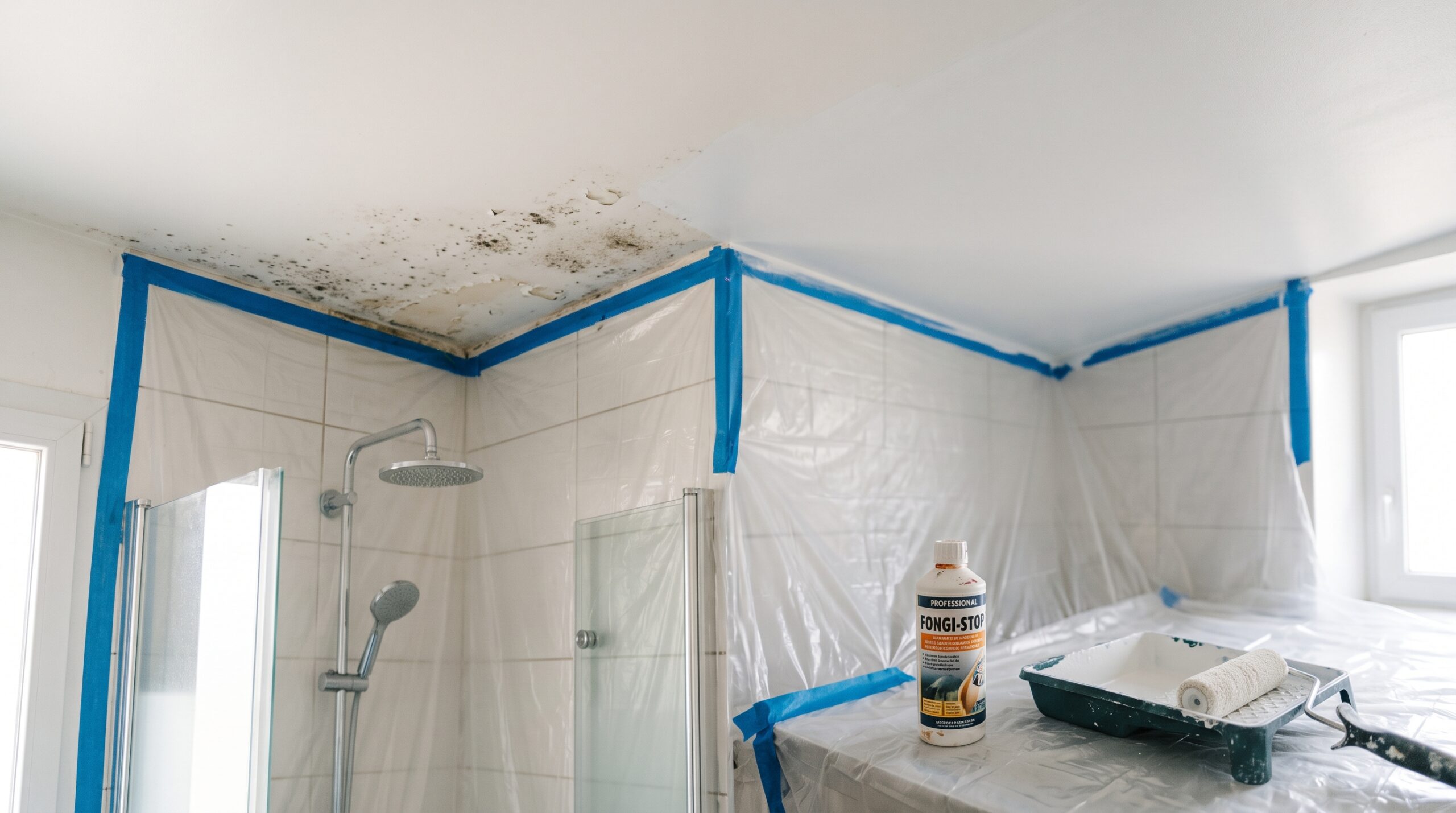 Traces noires au plafond d’une salle de bain, avec douche, protections et matériel de peinture