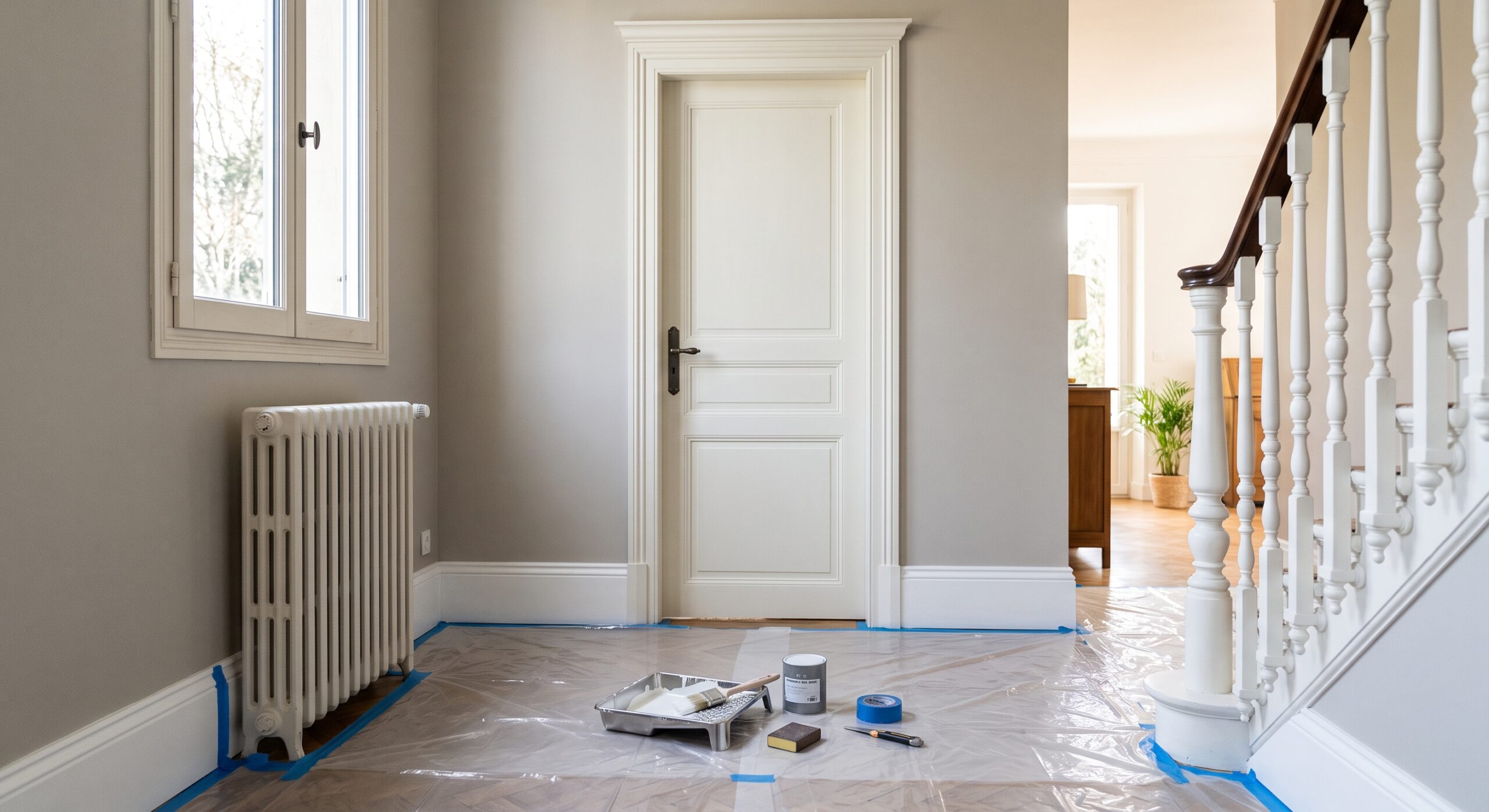 Porte blanche, radiateur et rampe d’escalier dans une entrée au sol protégé