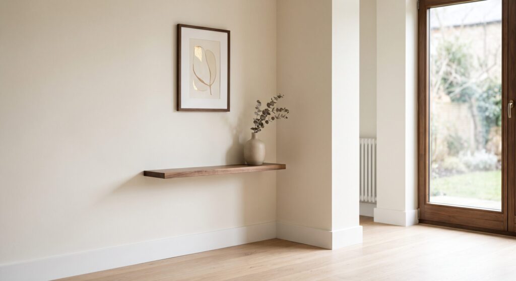 Entrée aux murs clairs avec étagère en bois, vase et grande porte vitrée