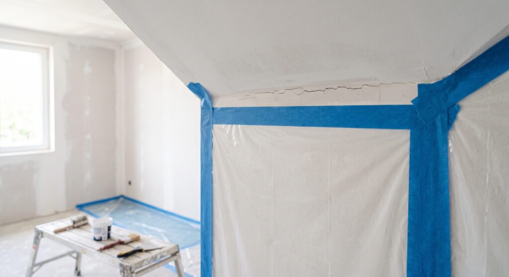 Fissure visible à la jonction du mur et du plafond, au-dessus de protections