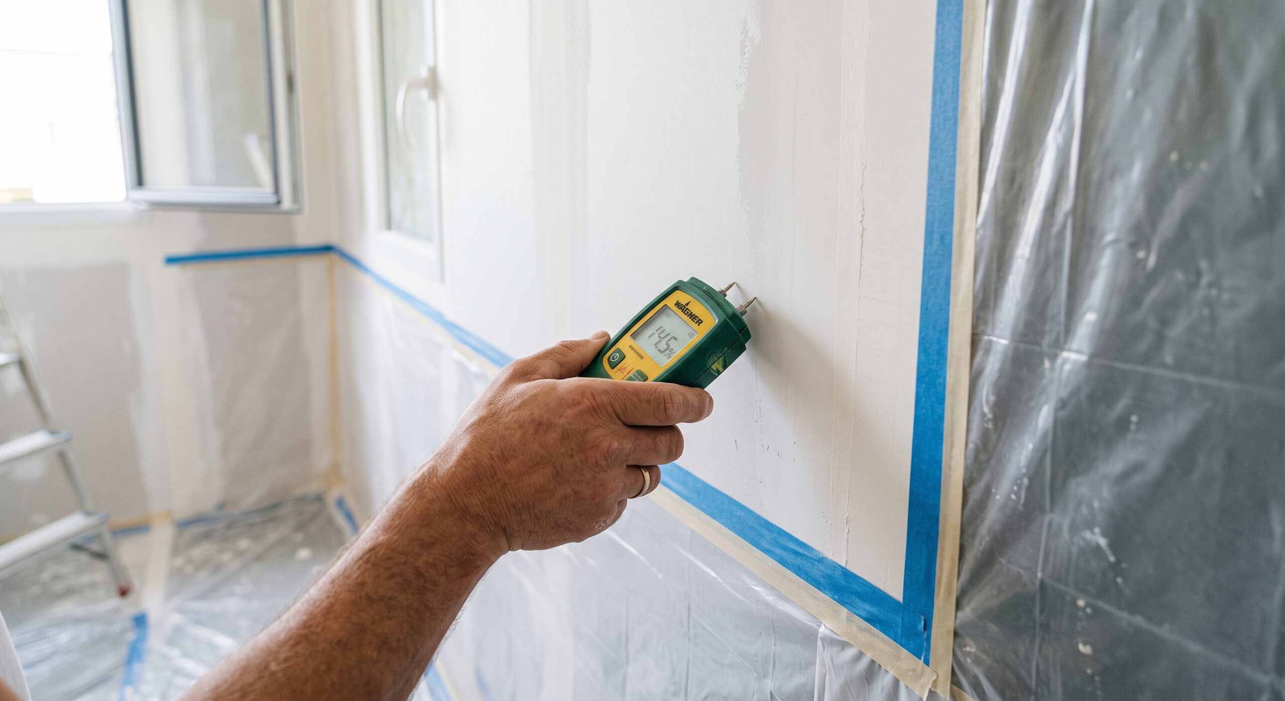 Main tenant un appareil de mesure contre un mur, avec protections de peinture