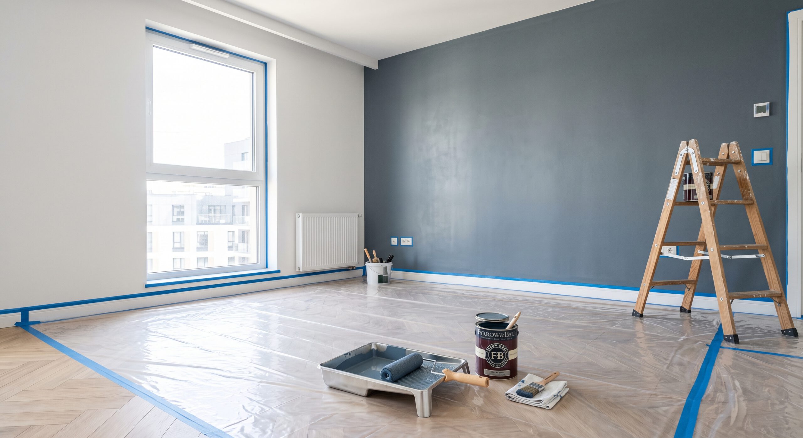 Mur bleu-gris en cours de peinture, avec escabeau et sol protégé