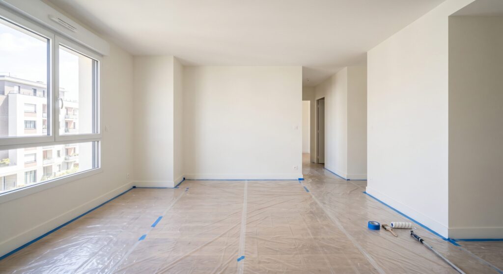 Pièce vide aux murs clairs et parquet protégé, avant l’arrivée des meubles