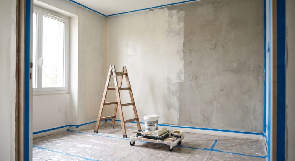 Mur partiellement recouvert d’une couche blanche avec escabeau et matériel de peinture