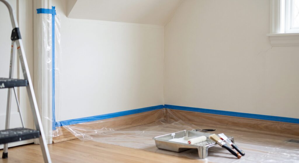 Angle de murs clairs avec escabeau, bac de peinture et protections au pied des murs