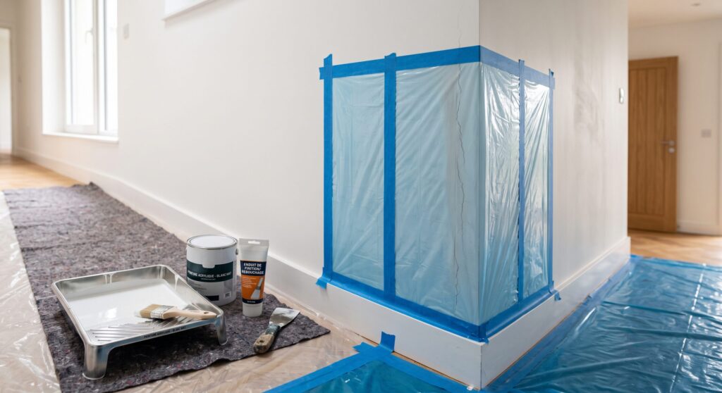 Angle de mur protégé par un film et du ruban bleu, avec bac et outils de peinture