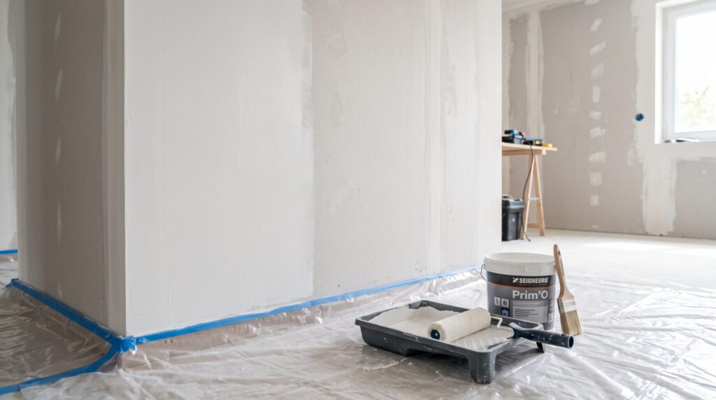 Rouleau et seau de sous-couche devant des cloisons en plaques de plâtre