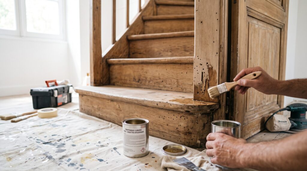 Main appliquant un produit au pinceau sur un montant en bois près d’un escalier ancien
