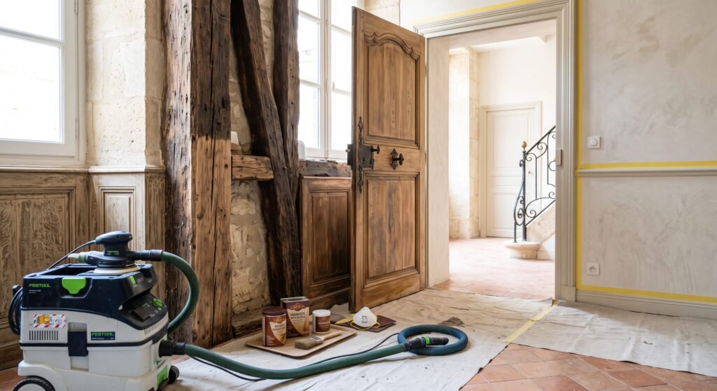Porte et boiseries anciennes avec ponceuse, aspirateur et protections dans une pièce en travaux