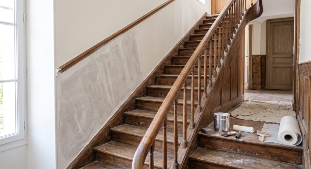 Escalier en bois avec outils sur les marches, protections et murs en préparation