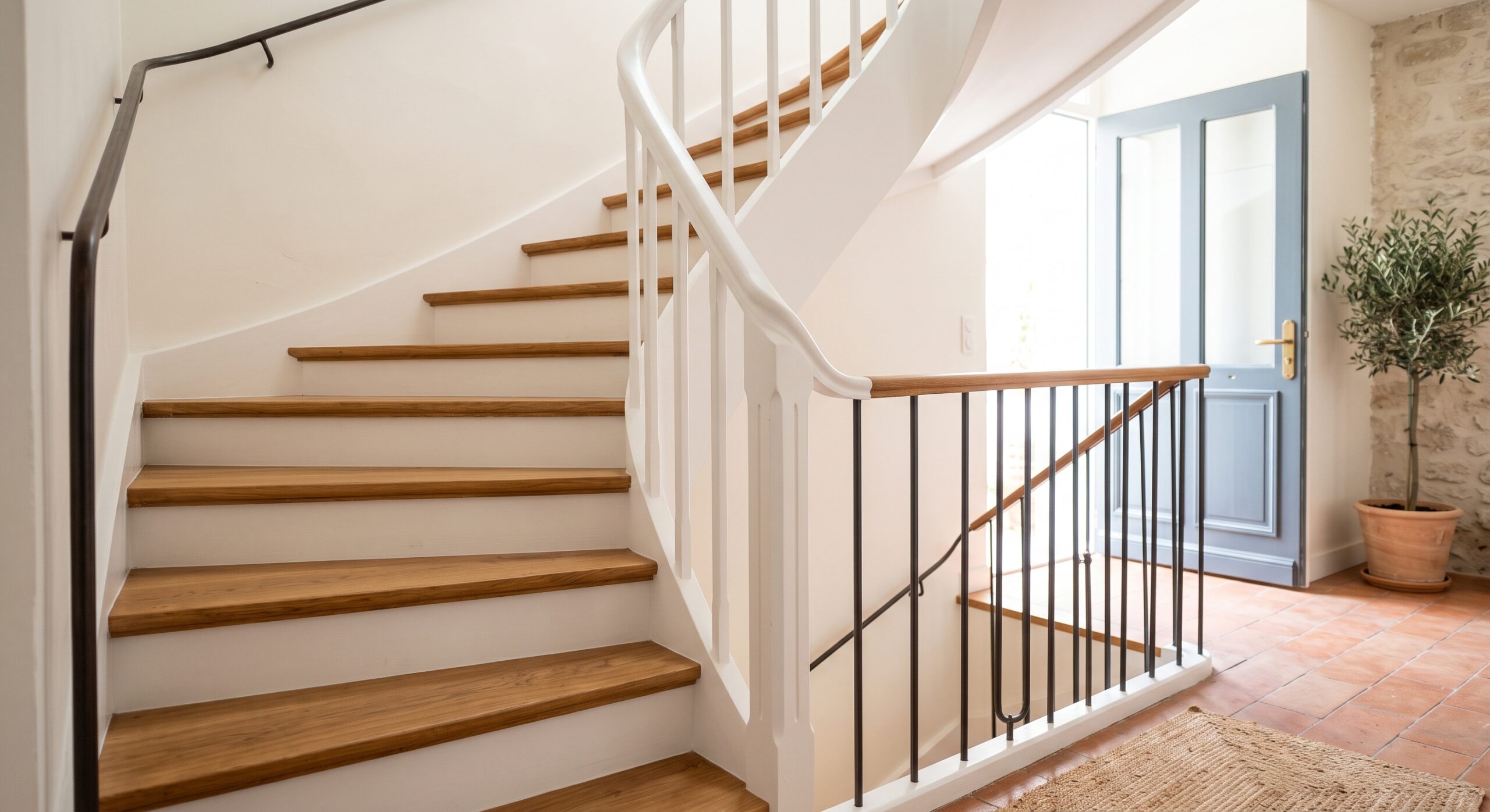 Escalier avec marches en bois, contremarches et rampe blanches, près d’une porte bleue