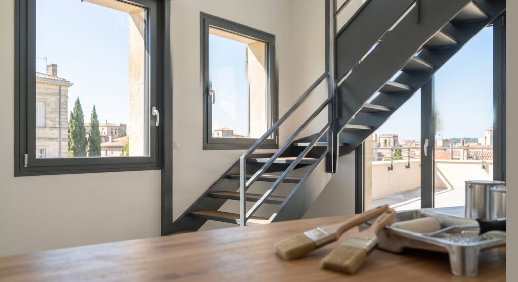 Escalier métallique et cadres de fenêtres gris foncé, avec pinceaux et bac au premier plan