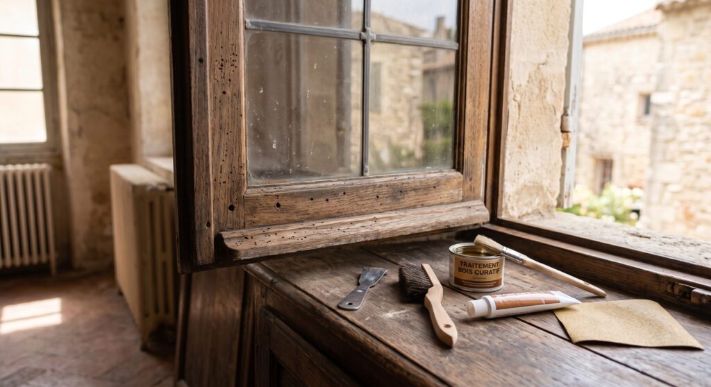 Fenêtre ancienne en bois avec petits trous visibles, pinceau, abrasif et produit sur l’appui