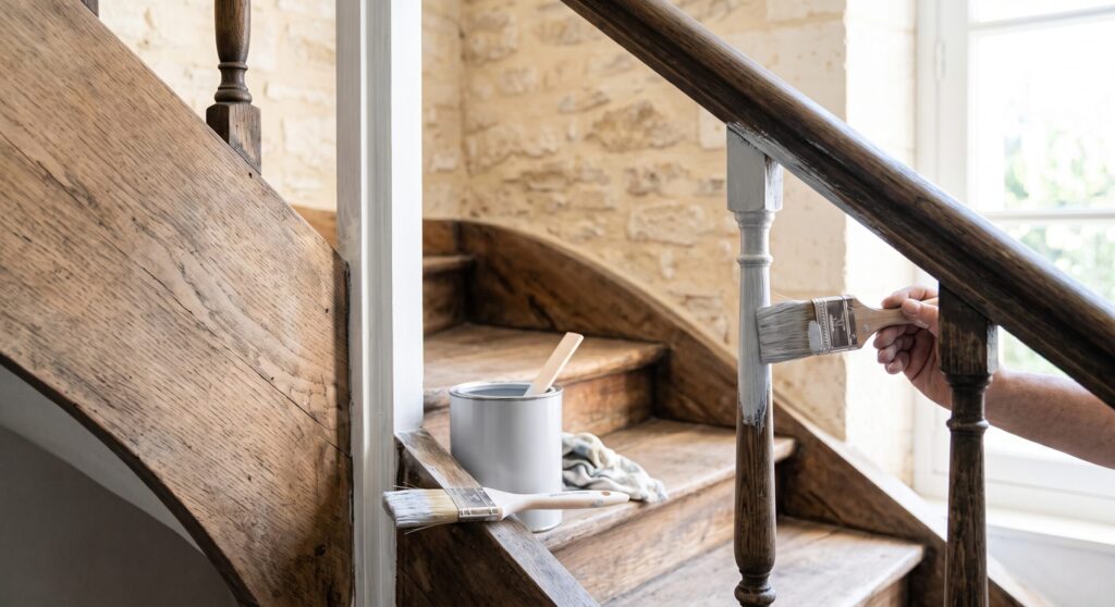 Main appliquant une couche claire au pinceau sur un balustre d’escalier