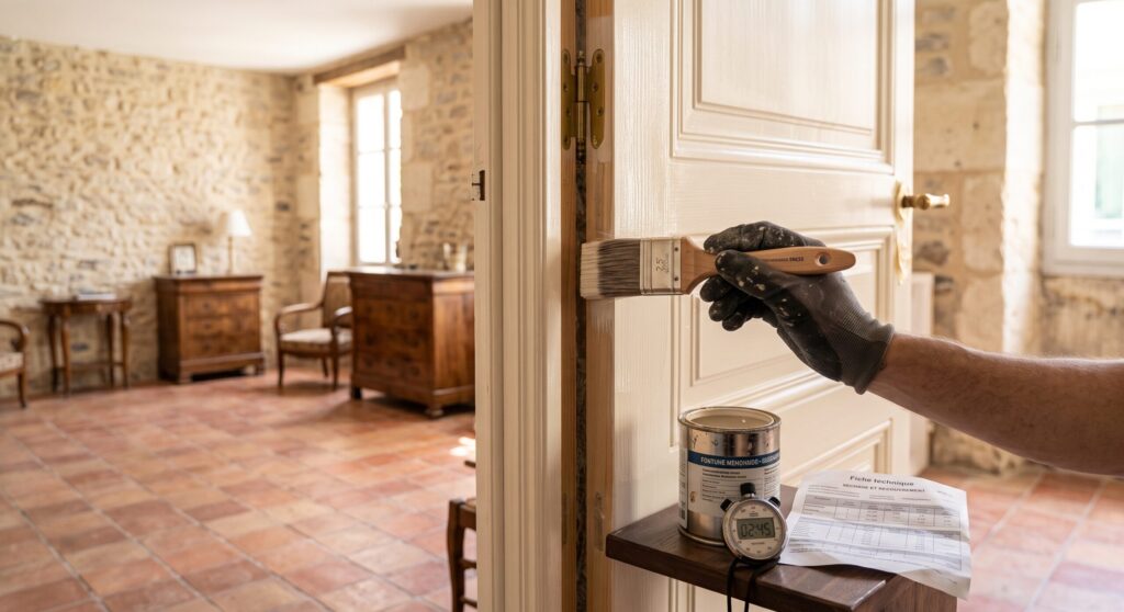 Main gantée appliquant de la peinture au pinceau sur une porte claire, avec pot et documents