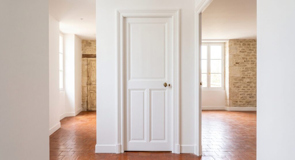 Porte blanche à panneaux dans un intérieur aux murs clairs et au sol en terre cuite