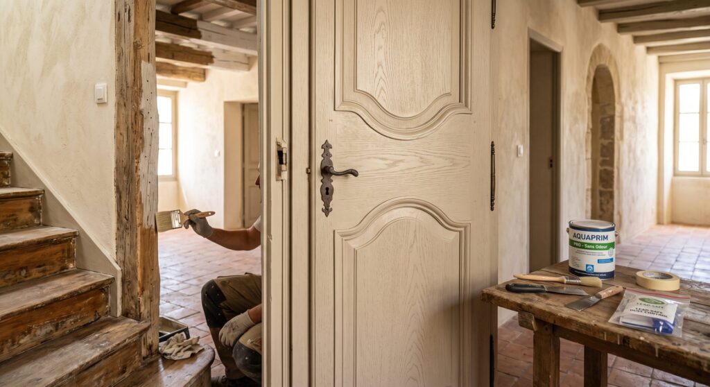Porte moulurée de teinte claire, avec une personne au pinceau et des produits sur un établi