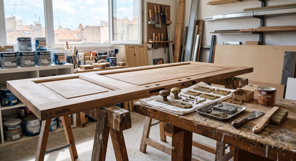 Porte en bois sur des tréteaux et quincaillerie déposée dans des plateaux sur un établi