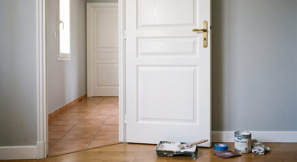 Portes intérieures blanches avec poignées dorées et outils de peinture au sol