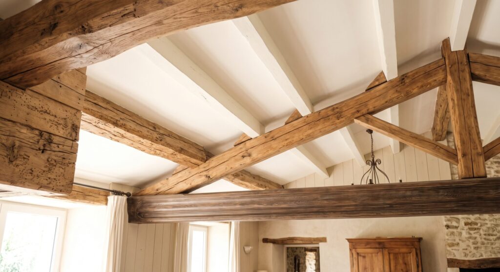 Charpente apparente en bois et solives blanches au plafond d’une pièce