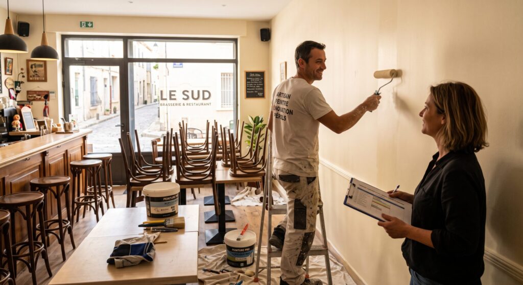 Artisan peignant le mur d’un restaurant à côté d’une personne tenant un document