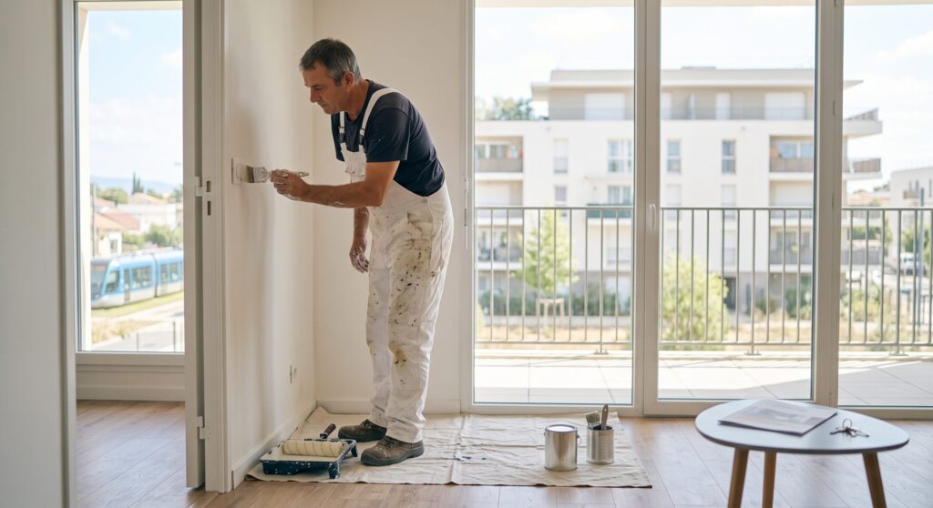 Artisan peignant au pinceau l’encadrement d’une porte-fenêtre