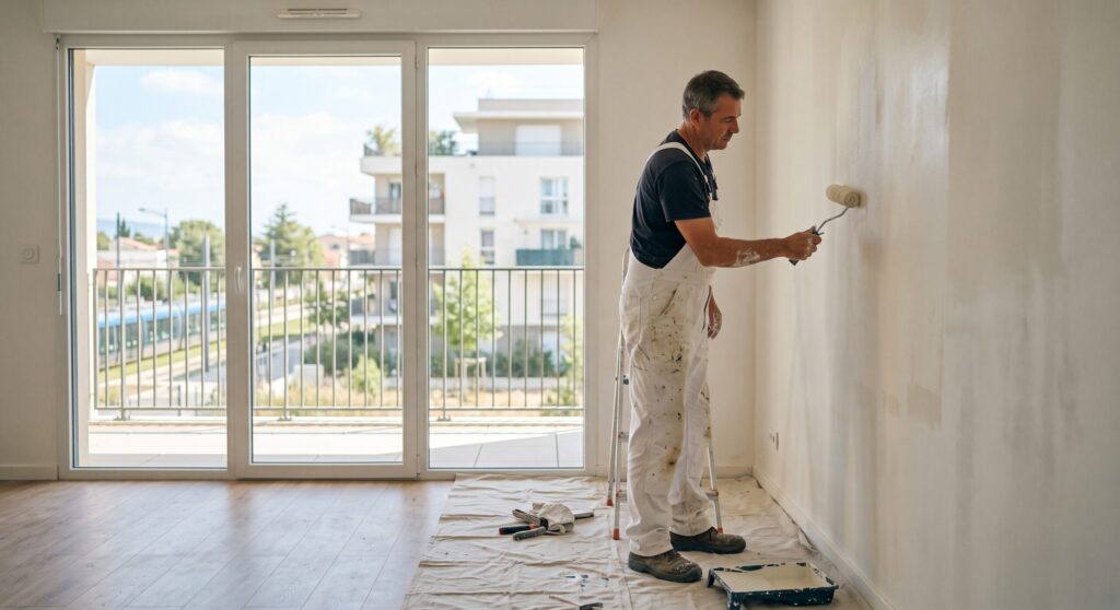 Artisan peignant un mur au rouleau près d’une baie vitrée donnant sur un balcon