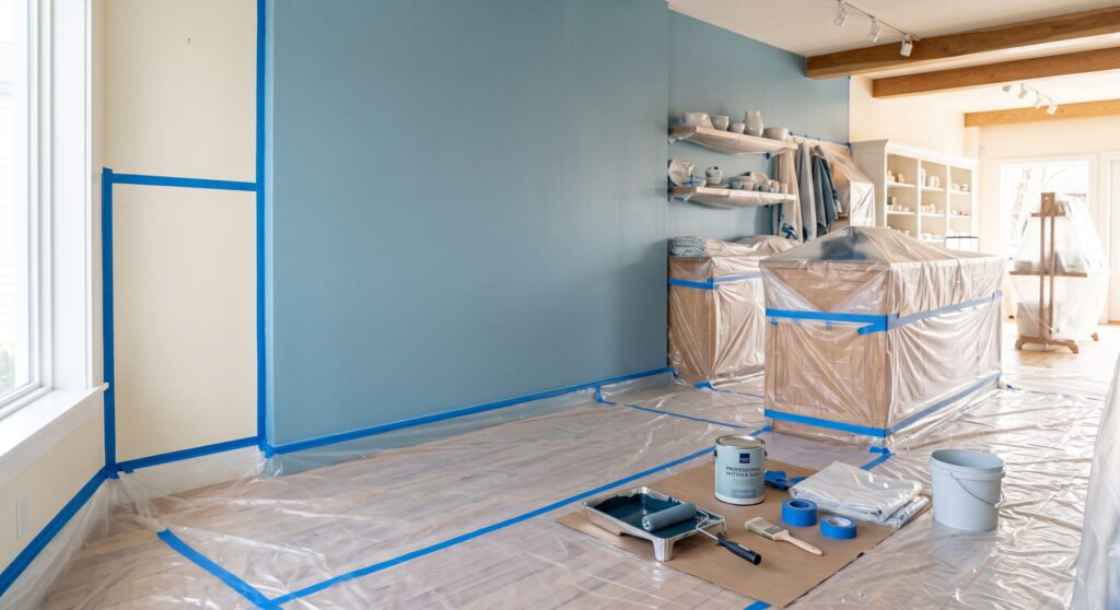Boutique en cours de peinture avec mur bleu et mobilier protégé