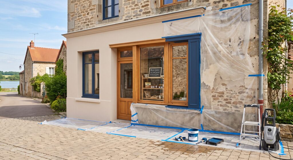 Devanture en cours de peinture avec mur en pierre, protections et fenêtres bleues