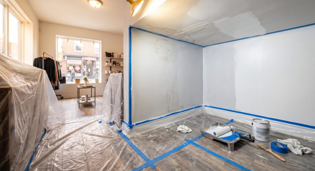 Local commercial avec reprises au plafond, murs préparés et protections de chantier