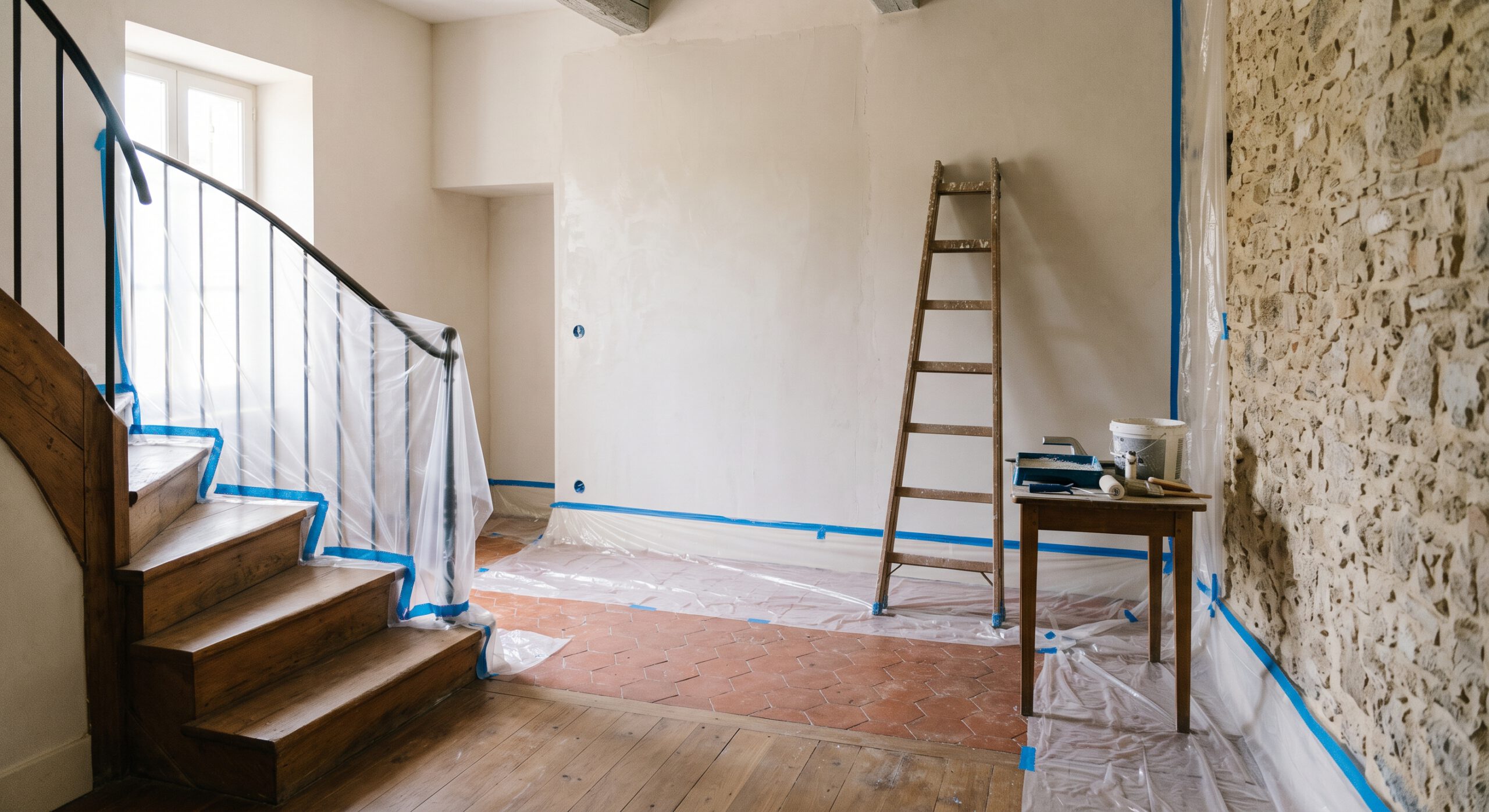 Pièce ancienne en rénovation avec mur en pierre, escalier protégé et escabeau