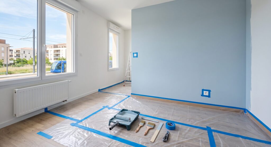 Pièce aux murs blancs et bleus avec sol protégé et bac à peinture