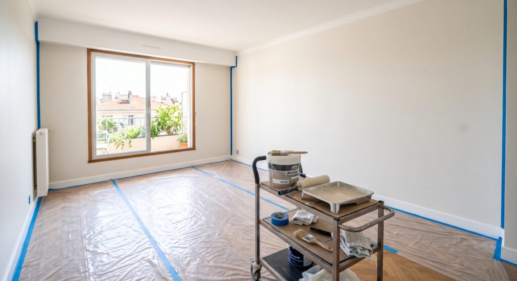 Pièce vide aux murs blancs avec sol protégé et matériel de peinture