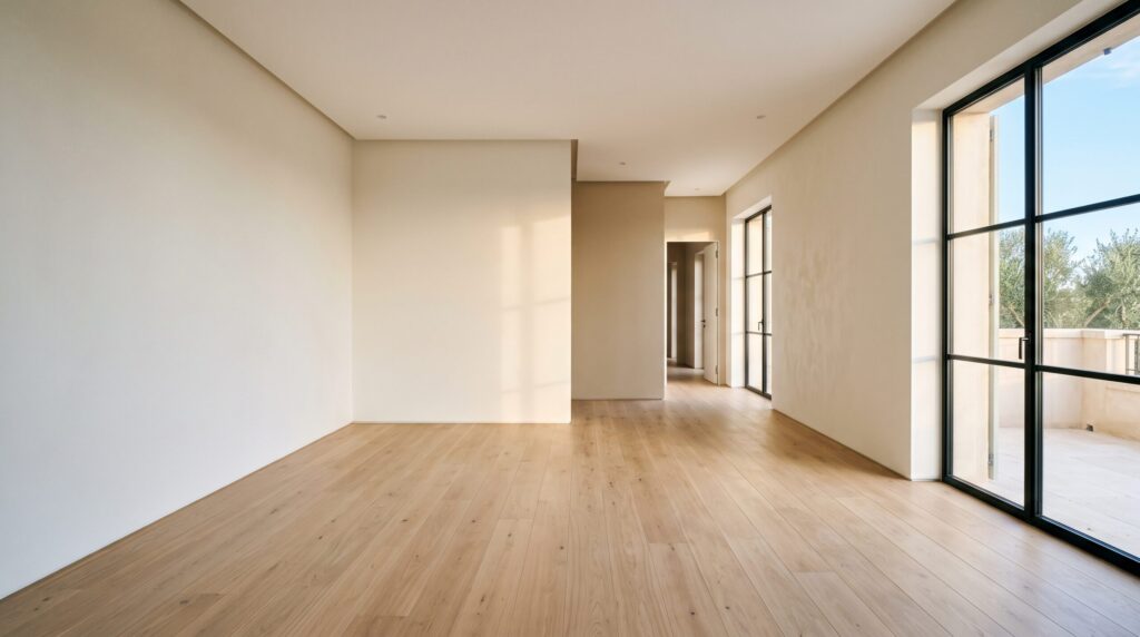 Pièce vide aux murs clairs avec parquet et grandes baies vitrées