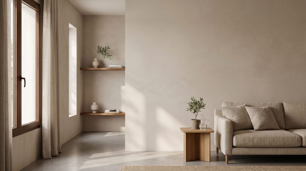 Salon aux murs beiges avec canapé, niches et grandes fenêtres