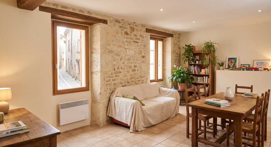 Séjour avec mur en pierre, poutres apparentes, canapé et table en bois