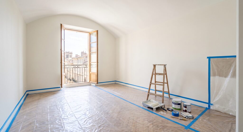 Pièce aux murs blancs avec escabeau, pots de peinture et parquet protégé devant une porte-fenêtre