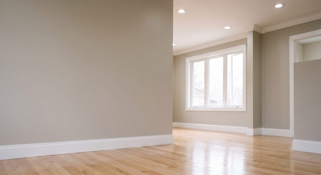 Pièce vide aux murs taupe, plinthes blanches et parquet clair