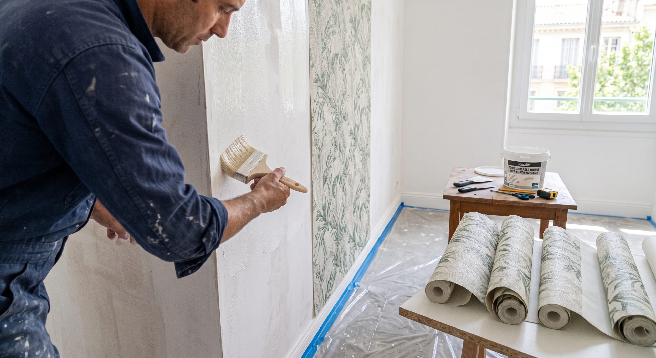 Personne appliquant de la colle au mur avec une brosse, près de rouleaux à motif de feuillage