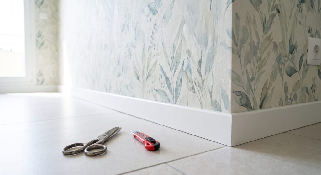 Papier à motif de feuillage dans un angle au-dessus d’une plinthe blanche, avec ciseaux et cutter
