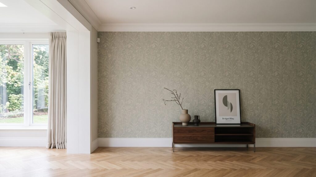 Mur tapissé d’un motif végétal discret, avec meuble bas en bois et parquet
