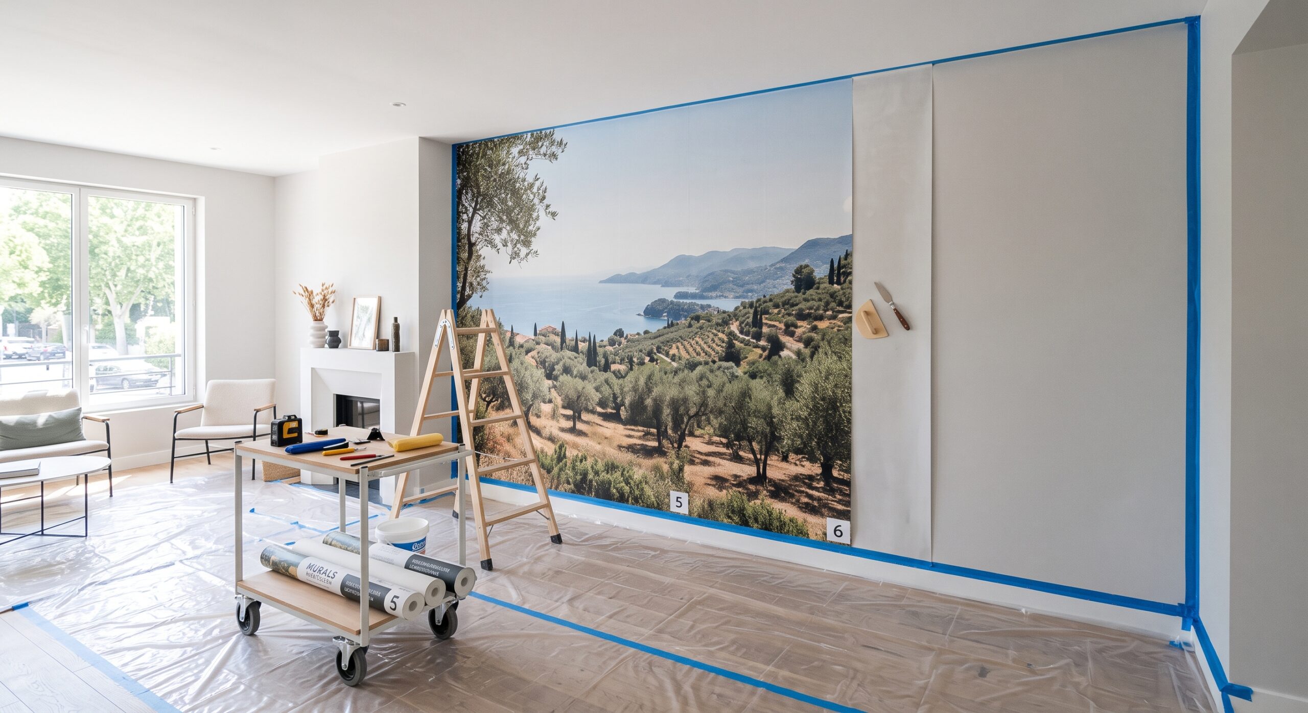 Décor mural représentant un paysage côtier, avec lés numérotés, escabeau et sol protégé