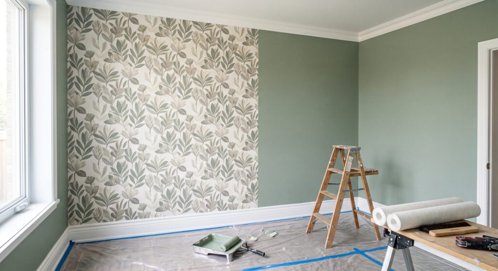 Papier peint à motif de feuillage associé à des murs verts, avec escabeau et rouleaux