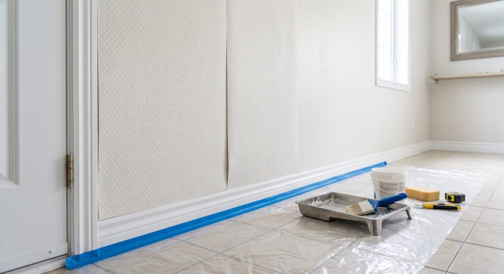 Papier mural clair à motif discret, avec bac, éponge et outils sur le sol protégé