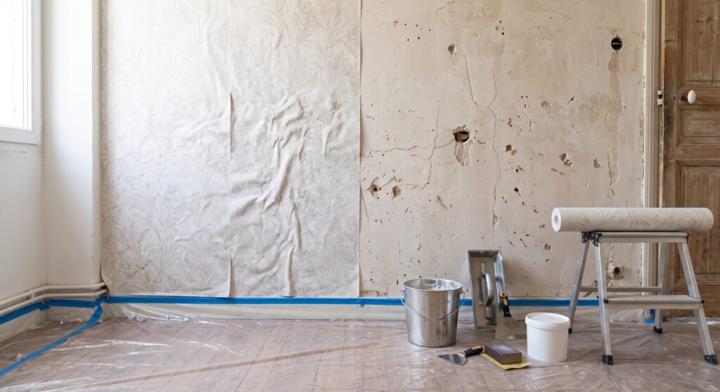Papier plissé à côté d’un mur abîmé, avec seaux, rouleau et sol protégé