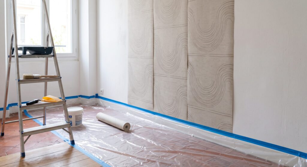 Lés à motifs ondulés présentant des décalages aux raccords, avec escabeau et rouleau au sol