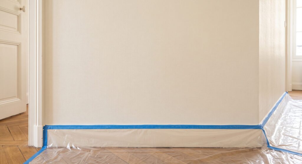 Revêtement mural clair et texturé au-dessus d’une plinthe protégée par du ruban bleu