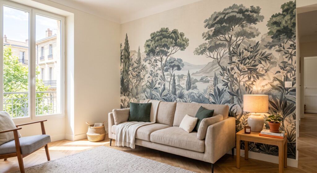 Salon avec décor mural d’arbres derrière un canapé beige, une lampe et une table d’appoint